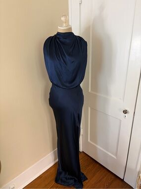 Amanda Uprichard Navy Satin Draped Back Maxi Dress